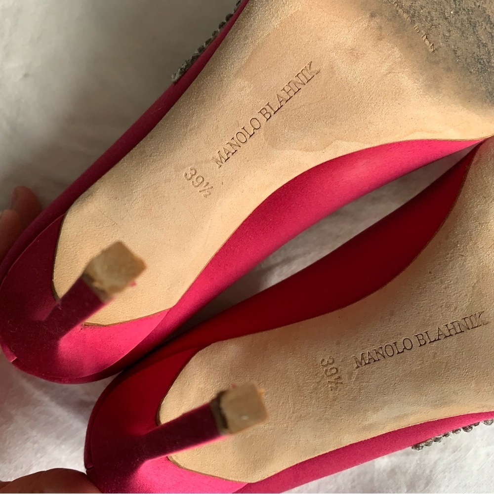 Manolo Blahnik Swan Embellished Satin Pump Heels Silver Sequin Hot Pink Fuschia - Picture 9 of 11